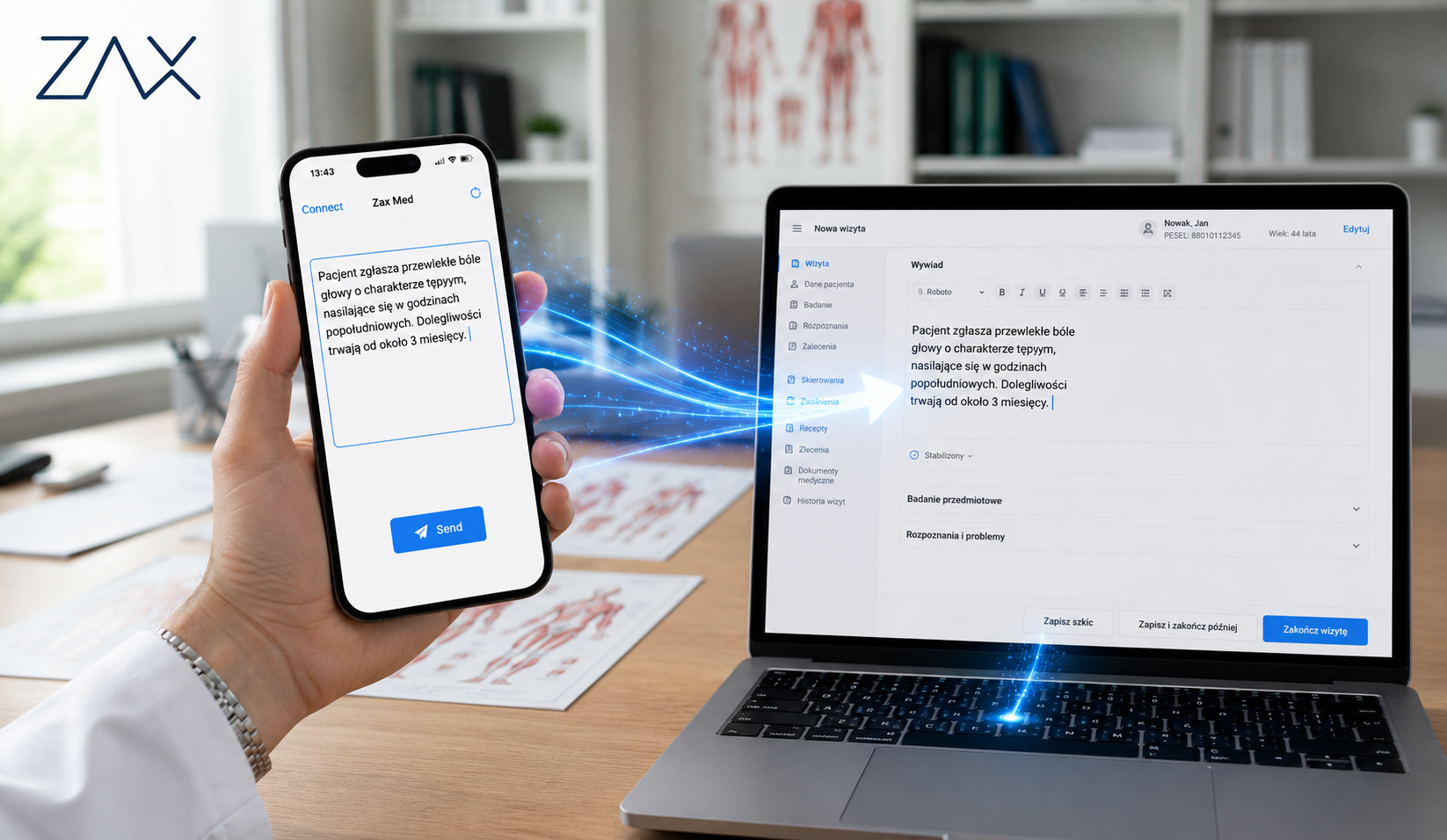 Aplikacja ZaxMed na iPhonie i otwarty system informatyczny na laptopie z wywiadem dyktowanym do karty pacjenta
